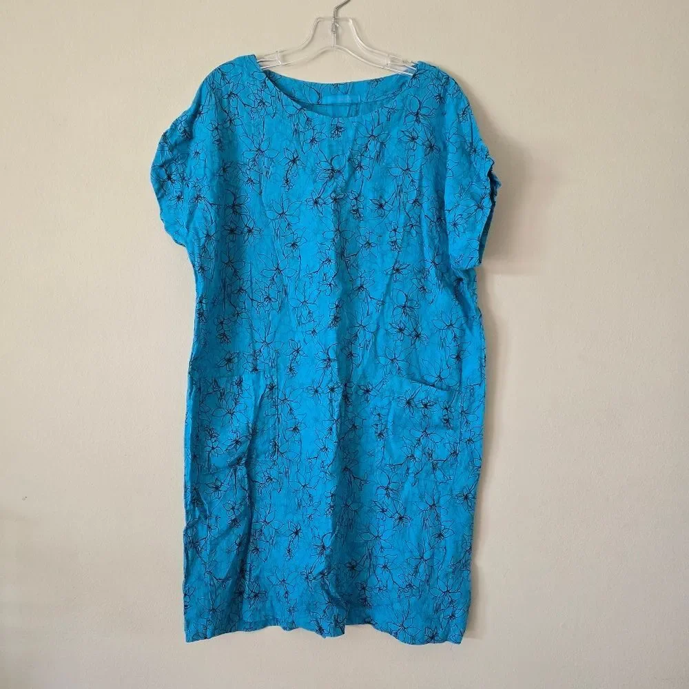Cut Loose Dress Blue Linen Floral Print‎ Shift Made in USA Artsy Boho Small